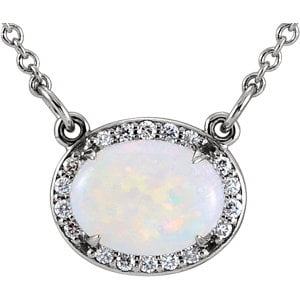 14K White Gold 10 x 8 MM Created Opal & .05 CTW Diamond 18 inch Pendant Necklace